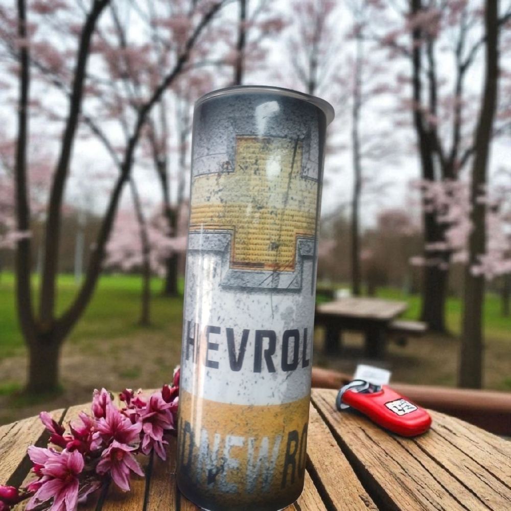 NEW - Chevrolet-themed  Distressed 20 OZ.  Insulated Tumbler With Slide Lock Lid